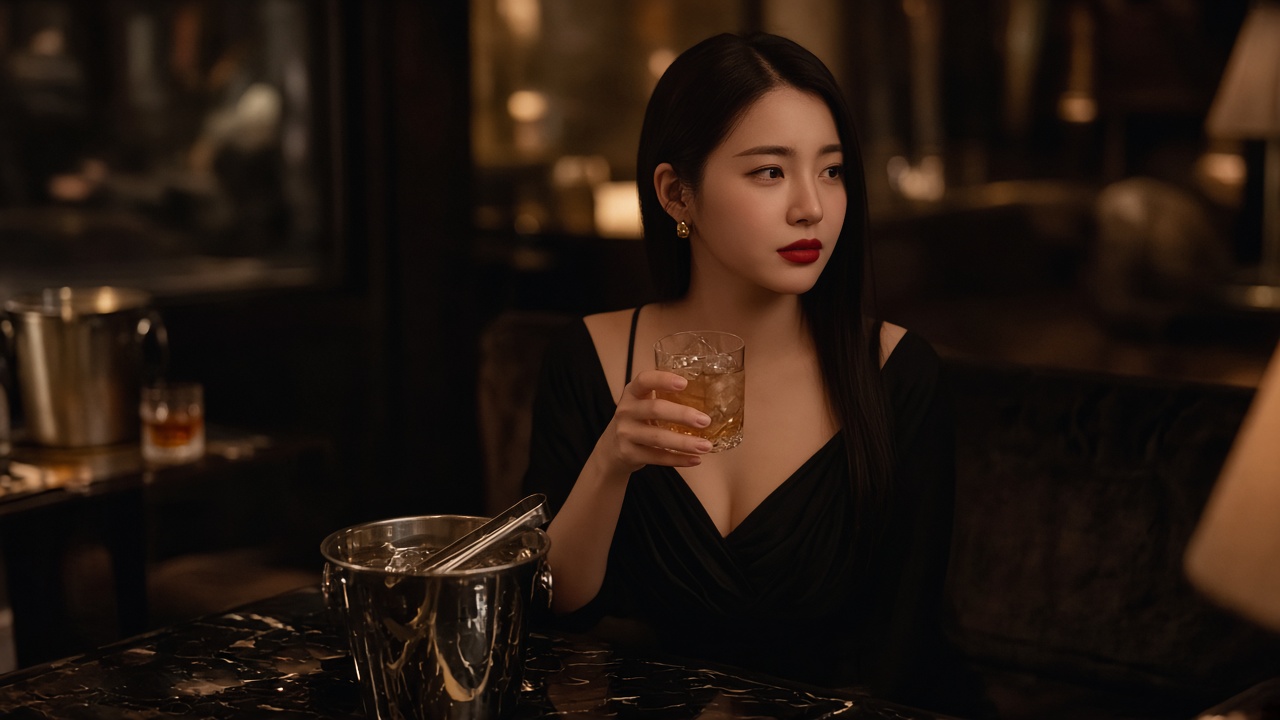 강남 유흥 카톡 예약 상담 – 라운지에서 잔을 든 여성